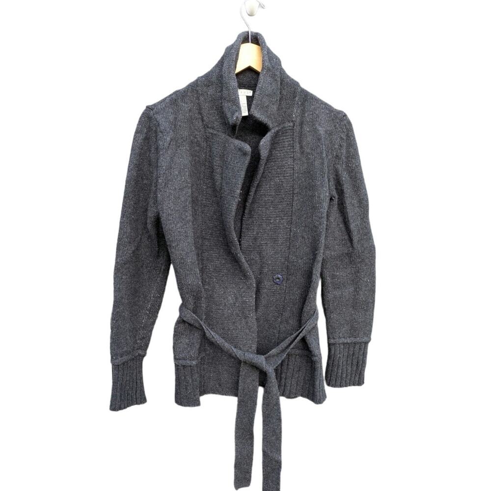 Grey Gray Belted Sweater Tweeds Granola Girl Open Front Kit Cozy Cottage Woman L